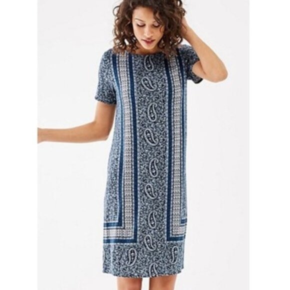 J Jill Dress Blue Floral/Paisley Dress Size M Short Sleeve Stretch Casual Cottag - Picture 1 of 11